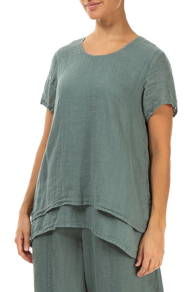 Layered Short Sleeves Sage Gauze Linen Blouse
