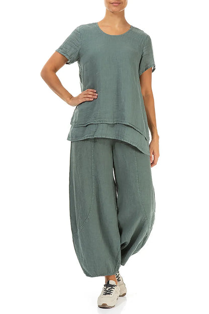 Layered Short Sleeves Sage Gauze Linen Blouse