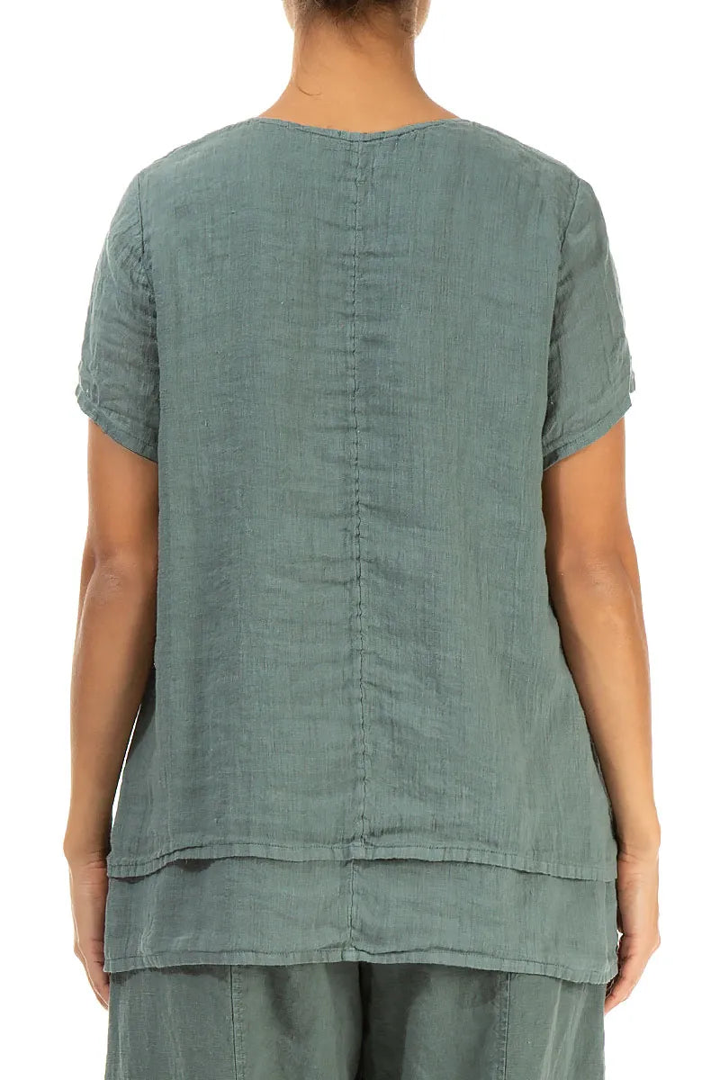 Layered Short Sleeves Sage Gauze Linen Blouse