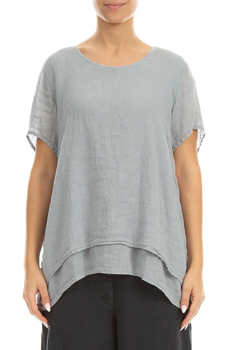 Layered Short Sleeves Silver Grey Gauze Linen Blouse
