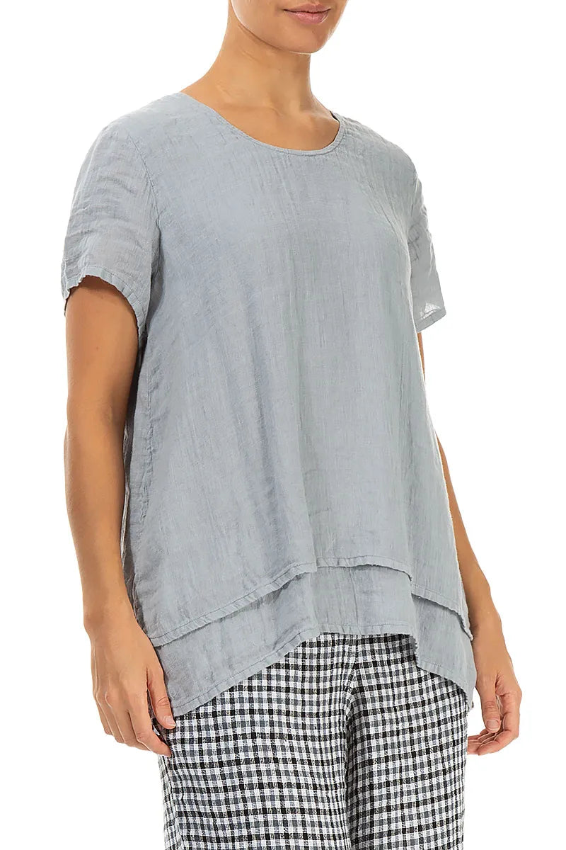 Layered Short Sleeves Silver Grey Gauze Linen Blouse 3