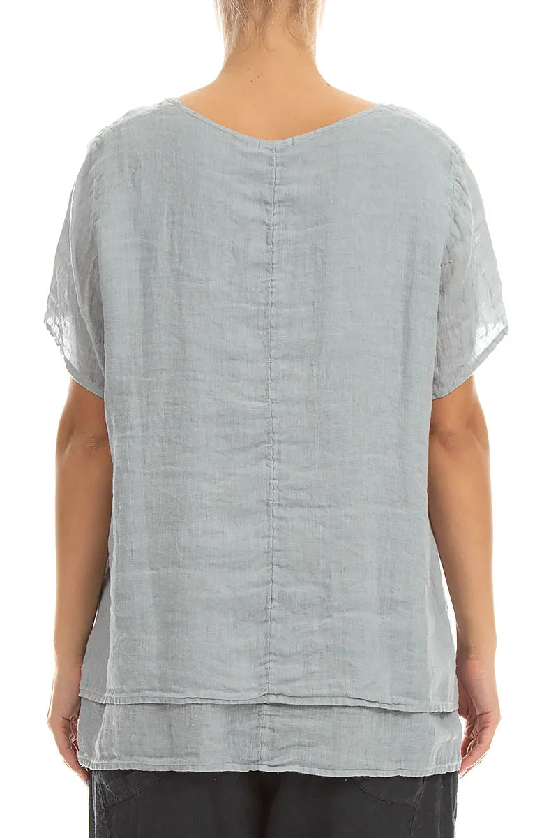 Layered Short Sleeves Silver Grey Gauze Linen Blouse