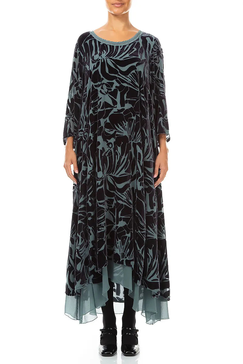 Robe superposée en soie dévorée à motif floral et velours gris ardoise