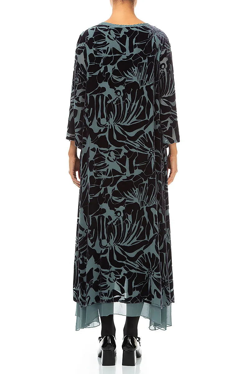 Robe superposée en soie dévorée à motif floral et velours gris ardoise