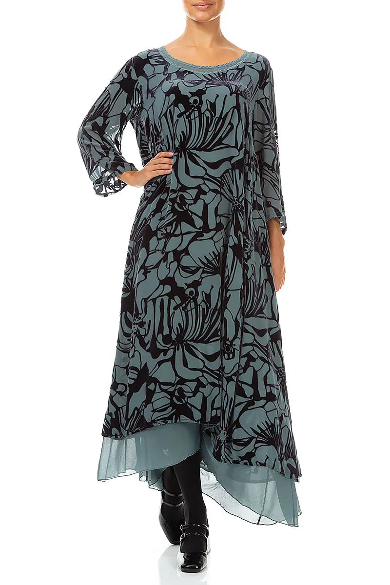 Layered Slate Grey Floral Devoré Silk Velvet Dress 4