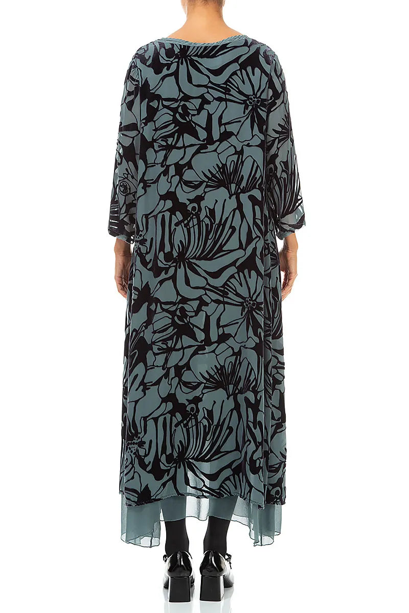 Layered Slate Grey Floral Devoré Silk Velvet Dress 2