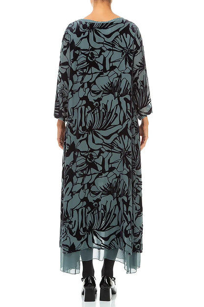 Layered Slate Grey Floral Devoré Silk Velvet Dress 2