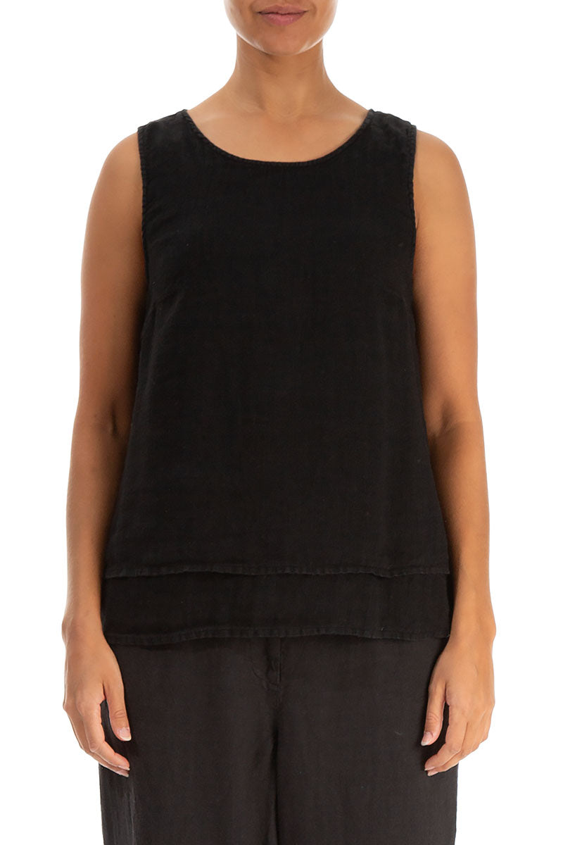 Layered Sleeveless Black Gauze Linen Top 1