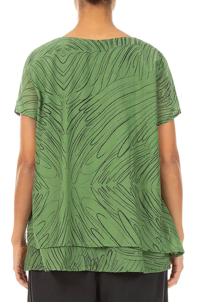 Layered Spring Green Feathers Silk Cotton Blouse 2