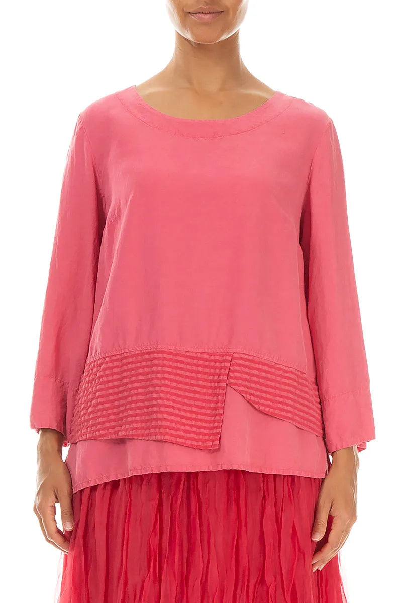 Layered Textured Hem Raspberry Silk Linen Blouse 1