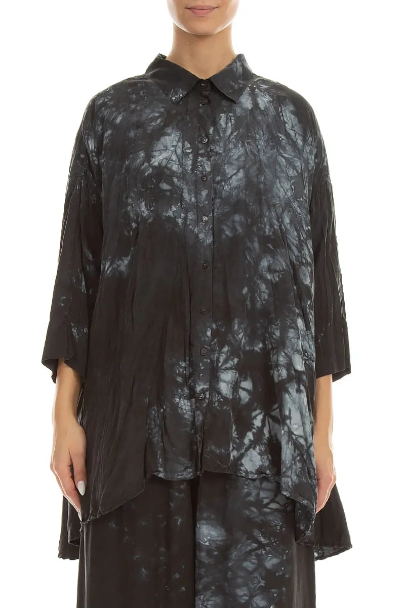 Loose Liquid Charcoal Crumpled Pure Silk Shirt