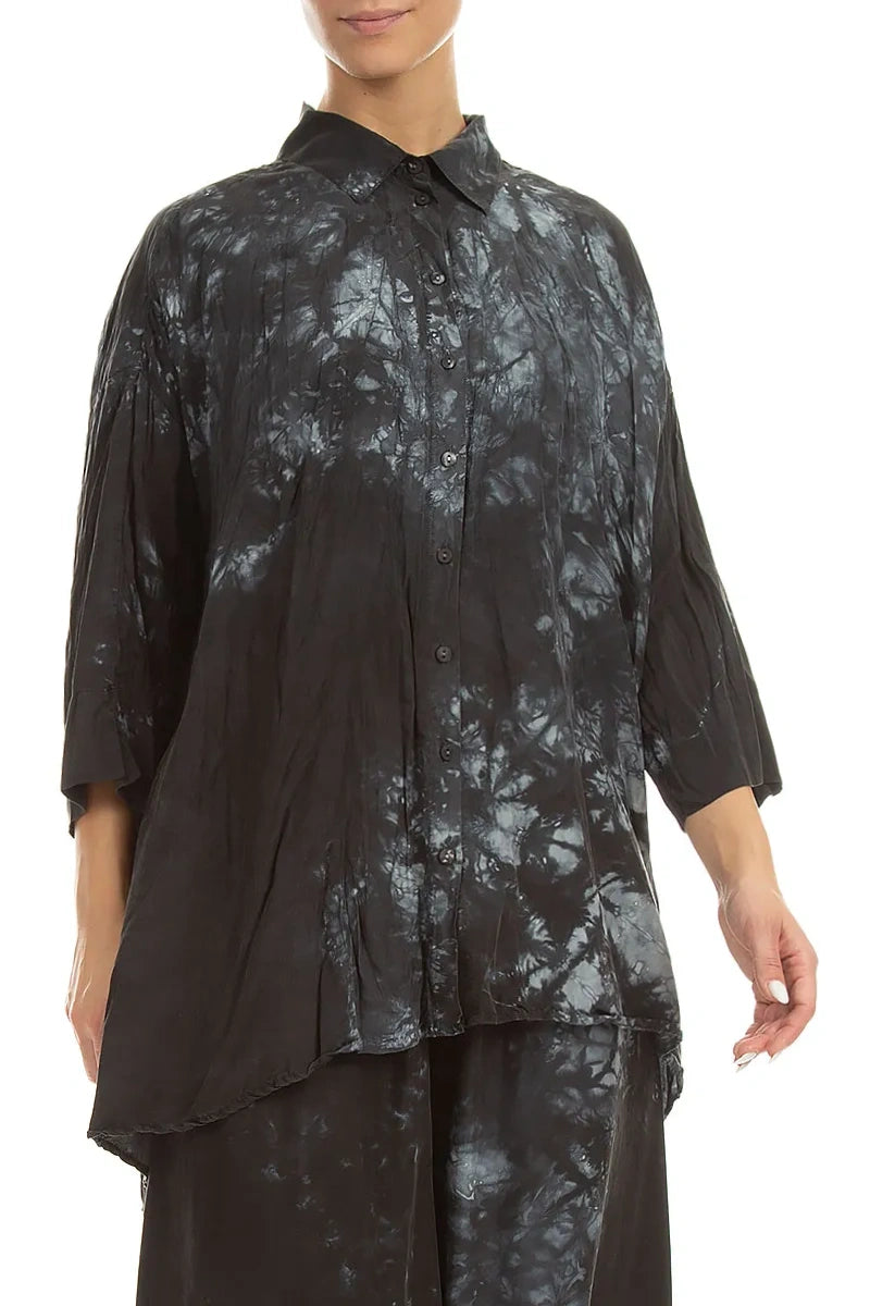 Loose Liquid Charcoal Crumpled Pure Silk Shirt