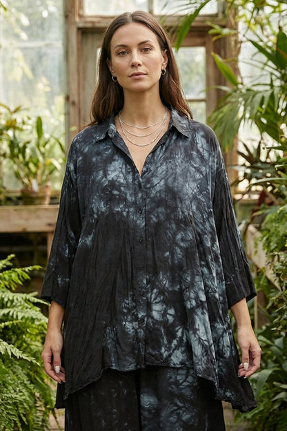 Loose Liquid Charcoal Crumpled Pure Silk Shirt