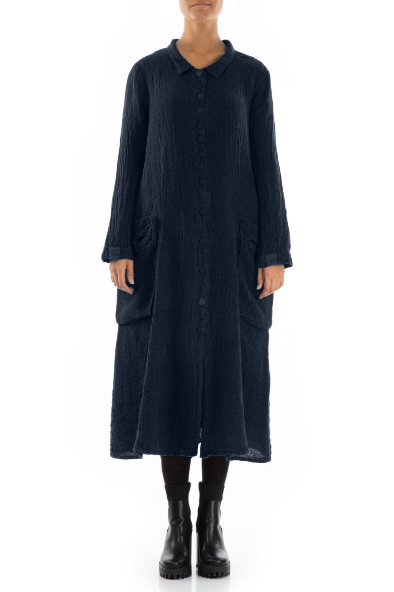 Long Buttonline Royal Blue Mélange Linen Jacket 1