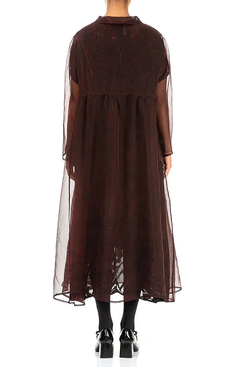 Long Dark Cherry Red Printed Silk Chiffon Jacket