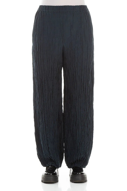 Long Dark Navy Crinkled Trousers