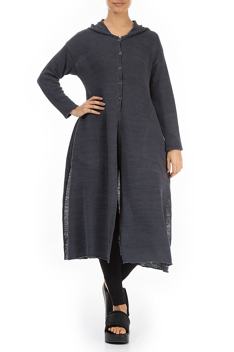 Long Hooded Graphite Linen Cardigan 5