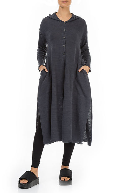 Long Hooded Graphite Linen Cardigan 4