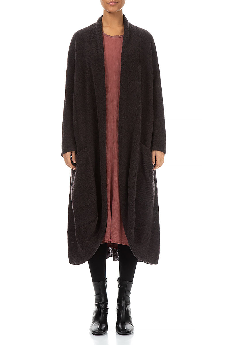 Long gilet ouvert en laine couleur chocolat