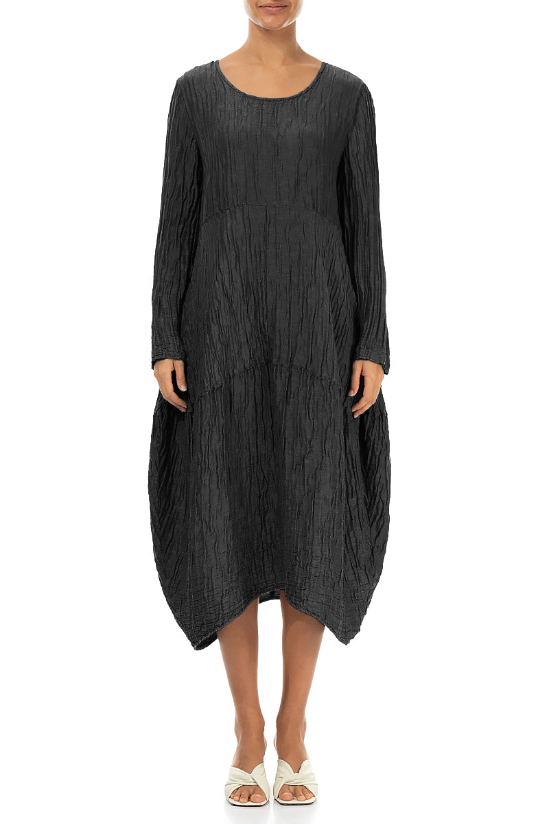 Long Sleeves Balloon Crinkled Black Silk Linen Dress