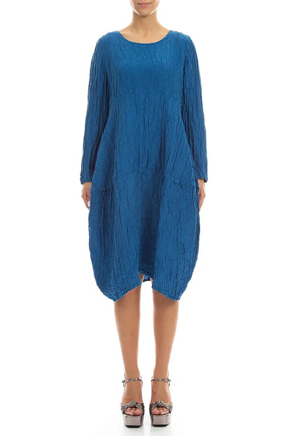 Long Sleeves Balloon Crinkled Cobalt Blue Silk Linen Dress 1