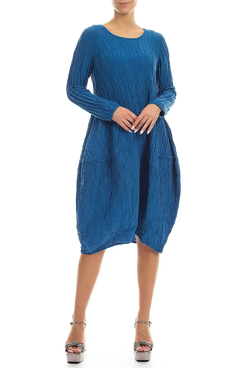 Long Sleeves Balloon Crinkled Cobalt Blue Silk Linen Dress 4