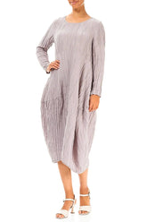 Long Sleeves Balloon Crinkled Greige Silk Linen Dress 3