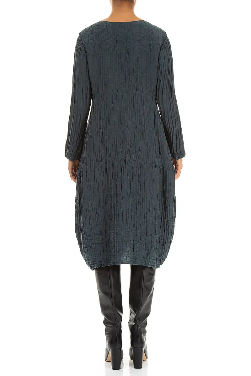 Long Sleeves Balloon Crinkled Slate Silk Linen Dress 2
