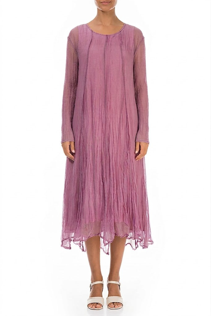 Long Sleeves Mauve Taupe Crumpled Silk Chiffon Dress