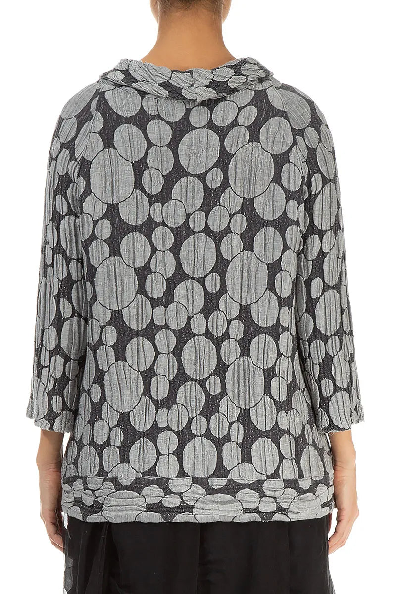 Kurzärmelige Bluse aus silbernem Seidenleinen mit Kreismuster