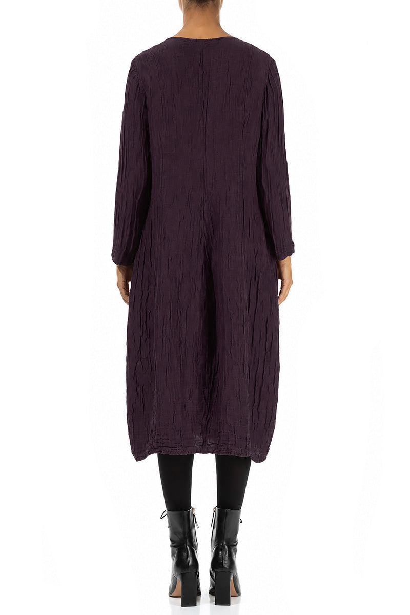 Long Sleeves V-Neck Crinkled Deep Plum Silk Dress 2