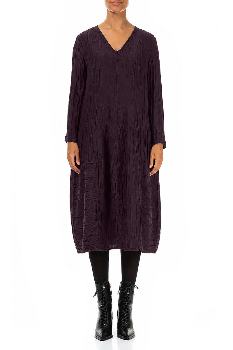 Long Sleeves V-Neck Crinkled Deep Plum Silk Dress 1