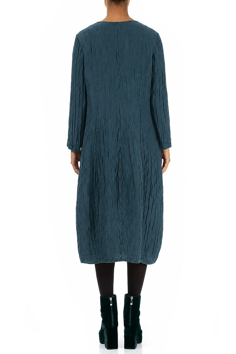 Long Sleeves V-Neck Crinkled Deep Turquoise Silk Dress 2