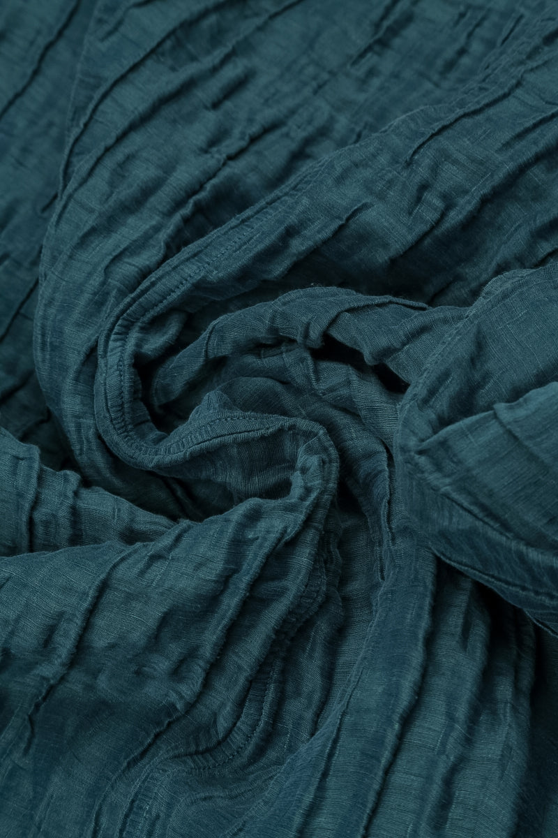 Long Sleeves V-Neck Crinkled Deep Turquoise Silk Dress 5