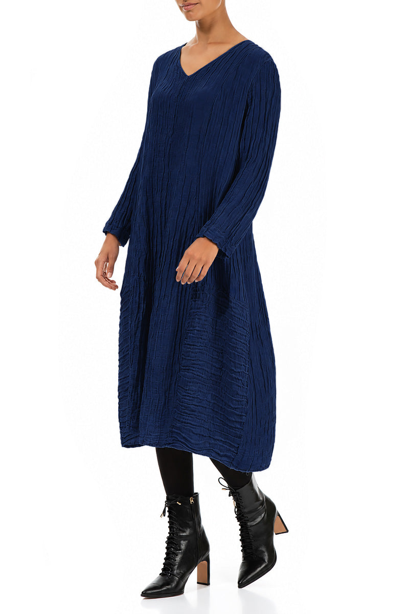 Long Sleeves V-Neck Crinkled Indigo Silk Dress 3