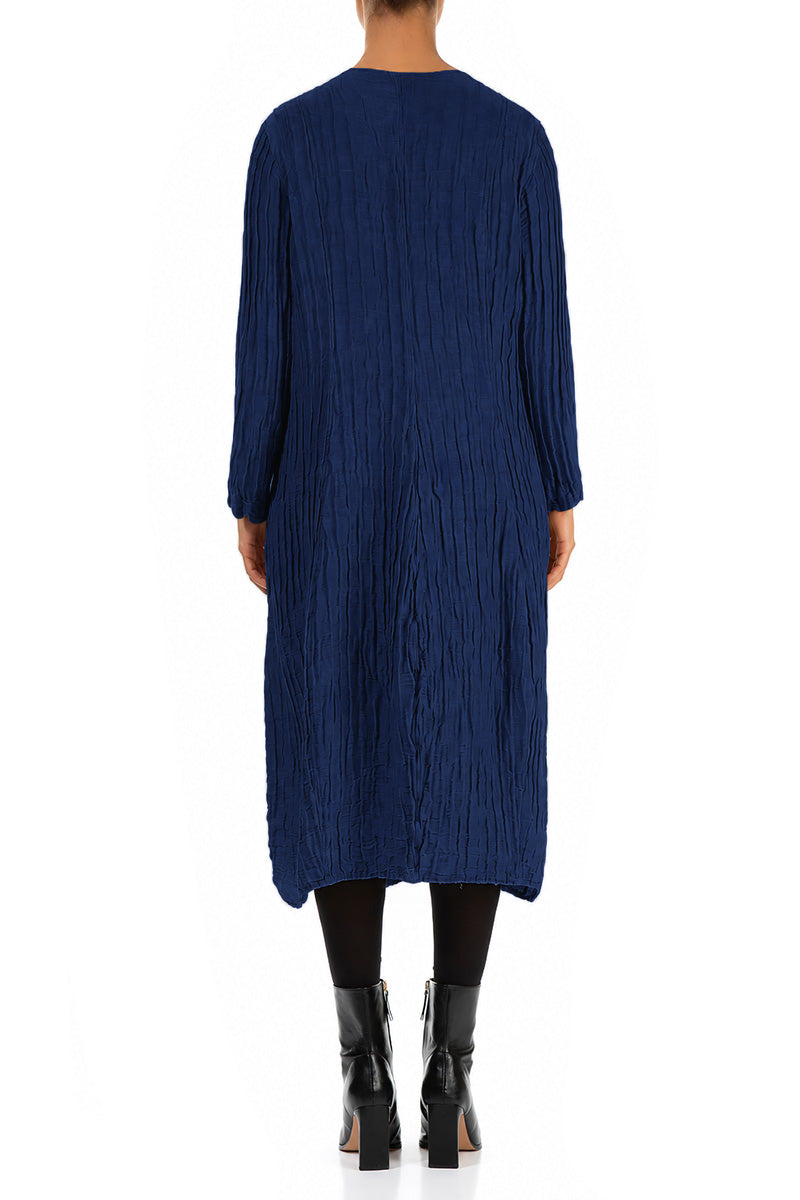 Long Sleeves V-Neck Crinkled Indigo Silk Dress 2