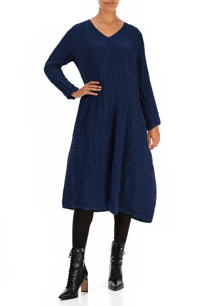 Long Sleeves V-Neck Crinkled Indigo Silk Dress 4