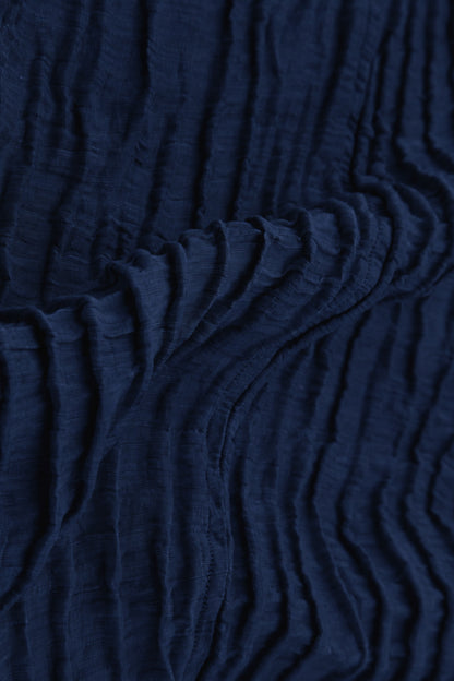 Long Sleeves V-Neck Crinkled Indigo Silk Dress