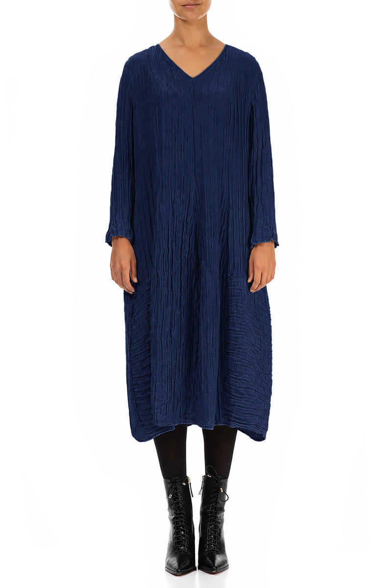 Long Sleeves V-Neck Crinkled Indigo Silk Dress 1