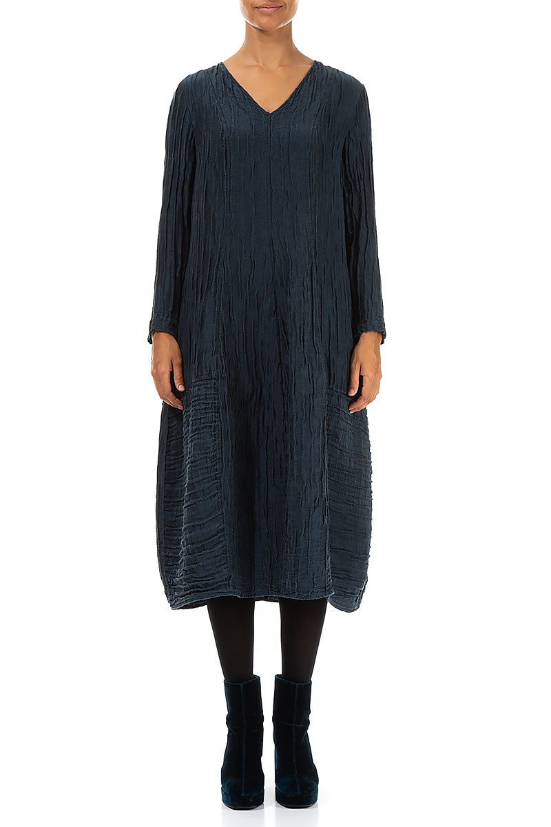 Long Sleeves V-Neck Crinkled Midnight Blue Silk Dress