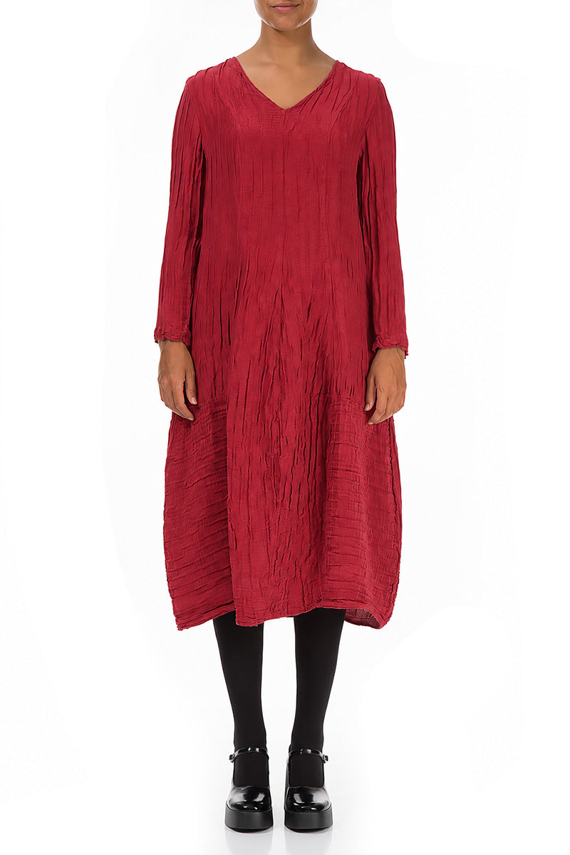 Long Sleeves V-Neck Crinkled Ruby Silk Dress