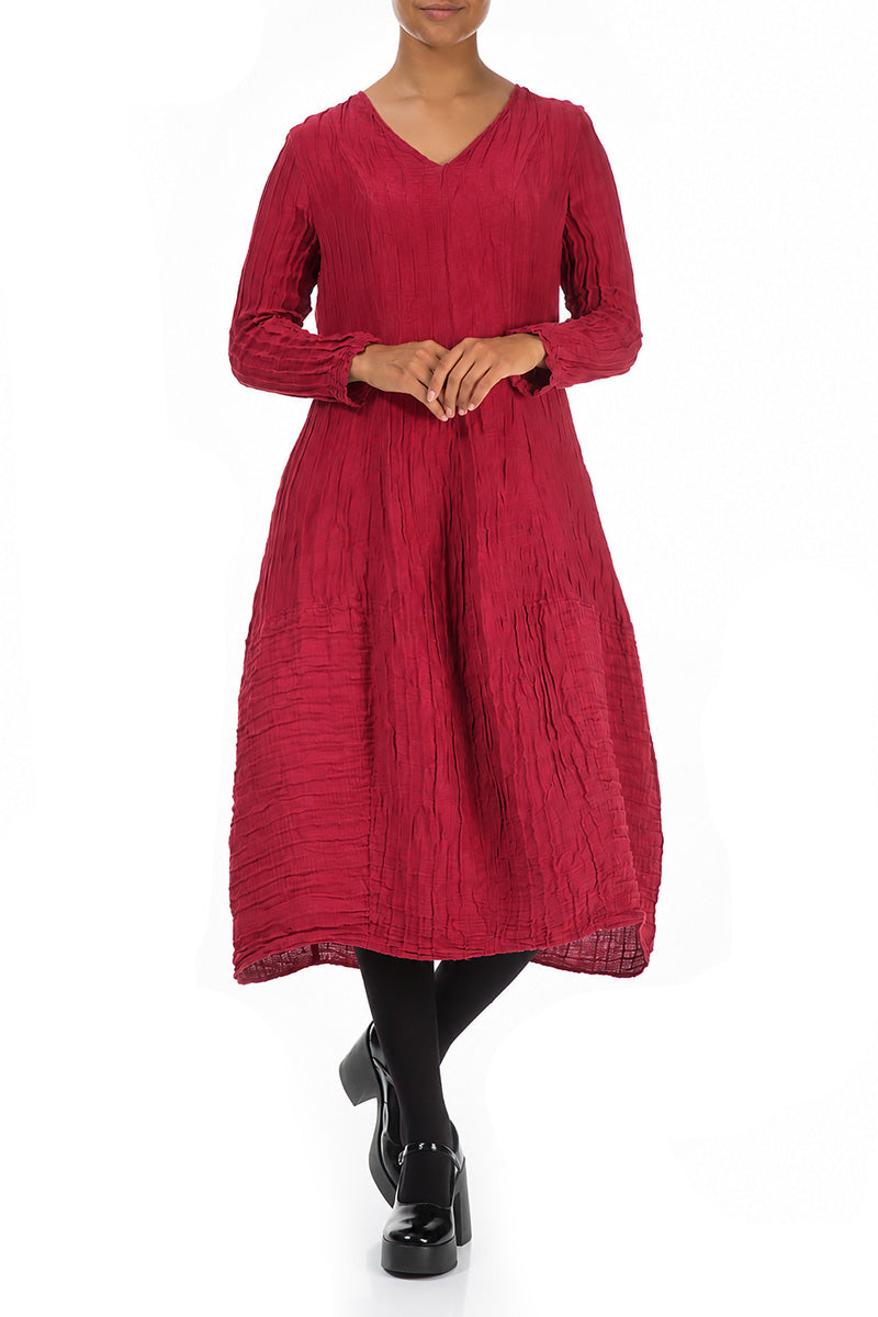 Long Sleeves V-Neck Crinkled Ruby Silk Dress 4