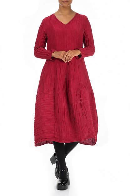 Long Sleeves V-Neck Crinkled Ruby Silk Dress