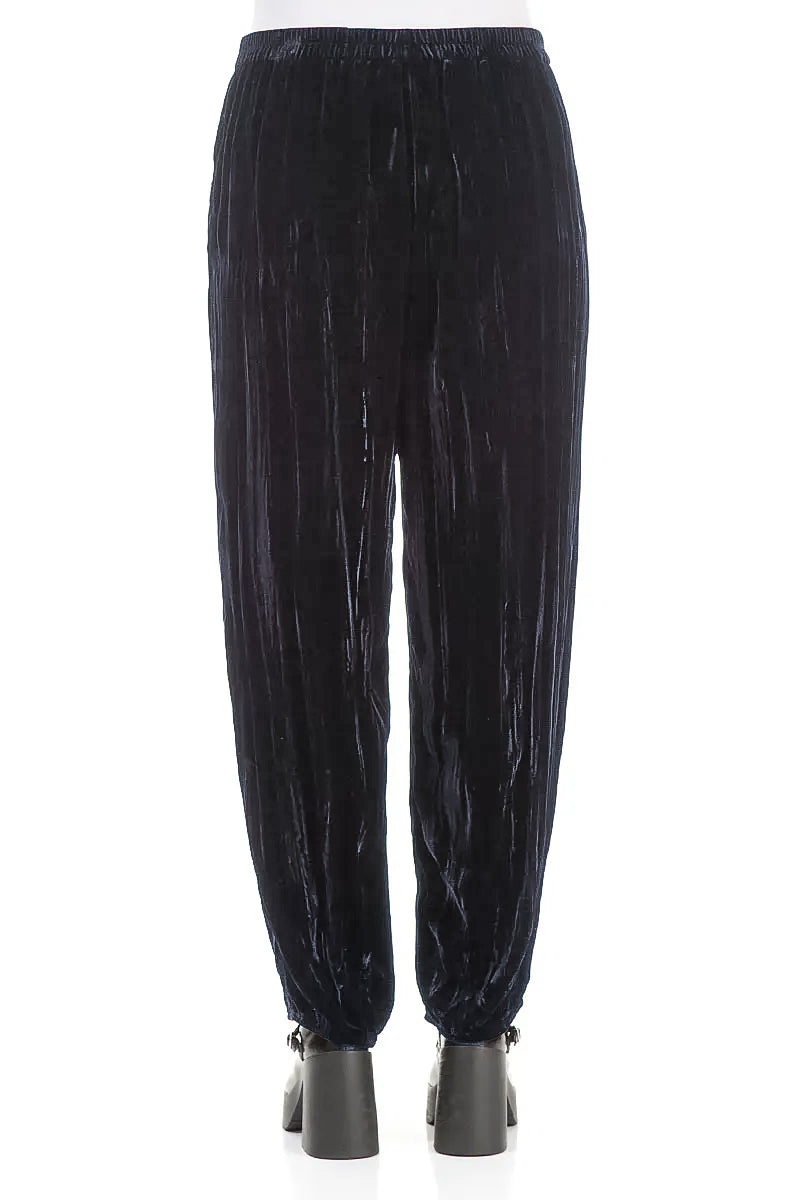 Long Taper Slate Blue Crumpled Silk Velvet Trousers 2