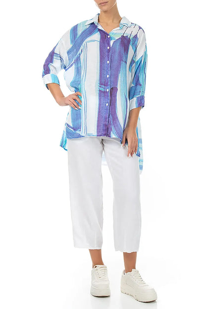 Longer Back Blue Brushstroke Linen Shirt