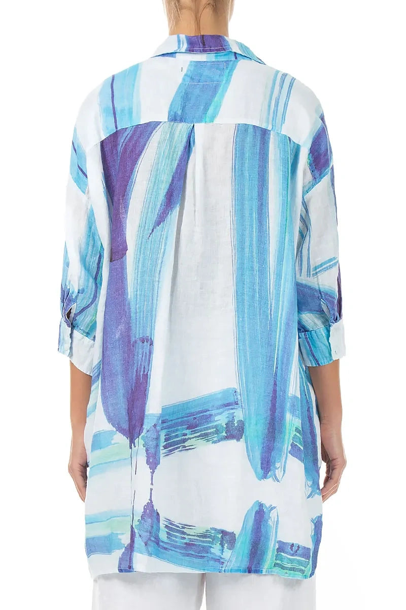 Longer Back Blue Brushstroke Linen Shirt