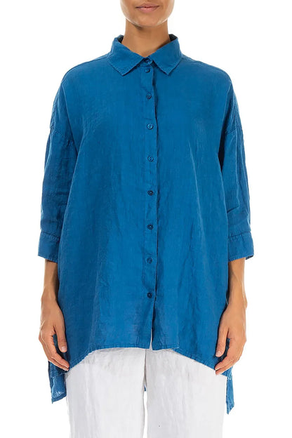 Chemise en lin bleu cobalt plus longue dans le dos