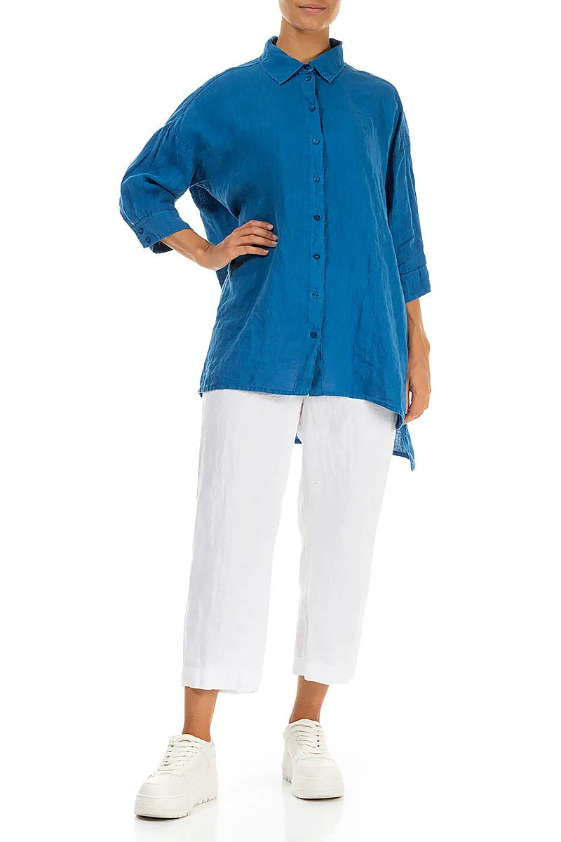 Chemise en lin bleu cobalt plus longue dans le dos