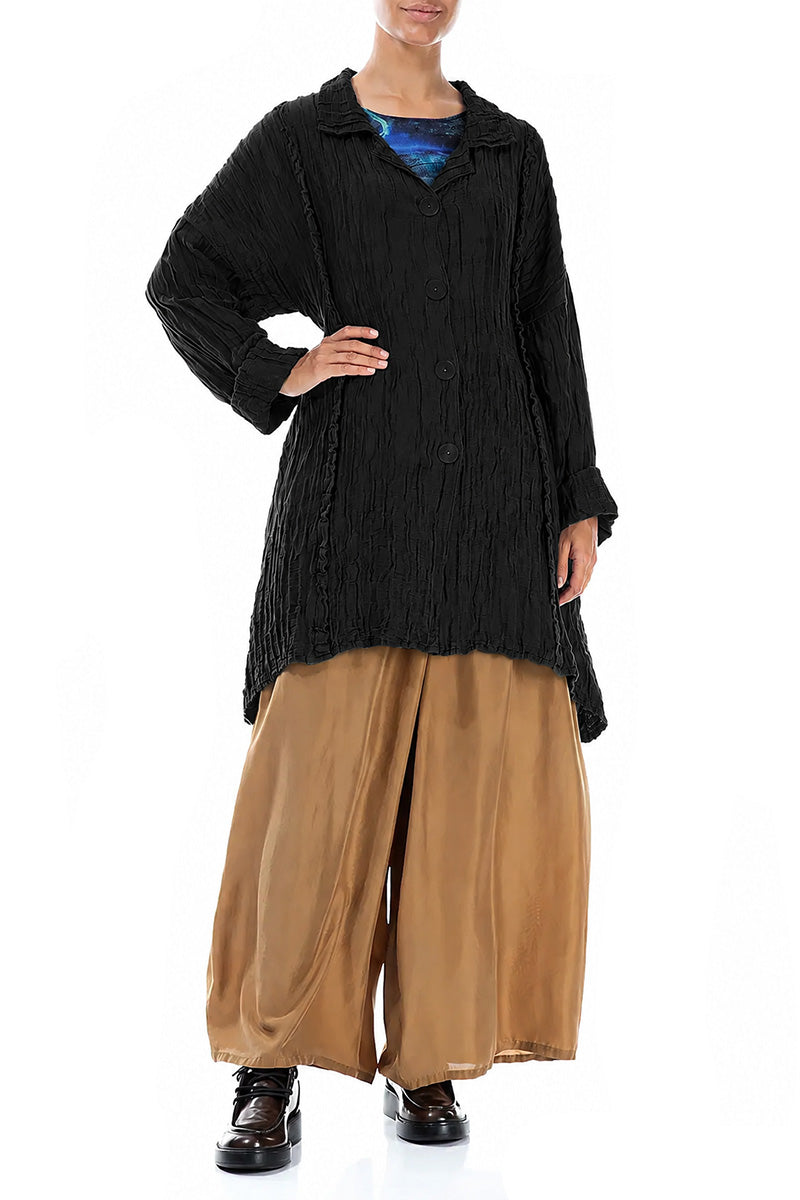 Longer Back Crinkled Black Silk Linen Jacket
