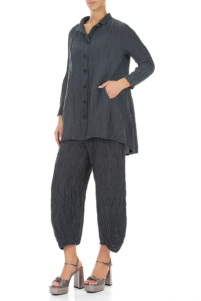 Longer Back Graphite Crinkled Silk Linen Jacket